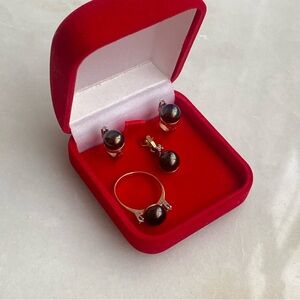 14k Gold Jewelry Set with Black River Pearls